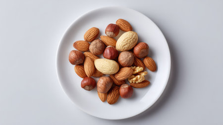 A beautifully arranged selection of raw nuts on a white plate, showcasing almonds, hazelnuts, walnuts, and peanuts, perfect for healthy snack ideas and culinary inspiration.の素材