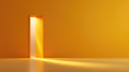 A bright, inviting open doorway radiates soft light in a minimalistic yellow room, symbolizing opportunity and exploration, creating a serene and calming atmosphere.の素材
