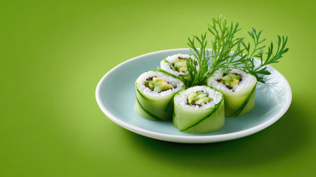 A vibrant plate of sushi rolls featuring fresh avocado and seaweed, complemented by green leaves. Perfect for showcasing healthy dining and culinary art in a modern setting.の素材