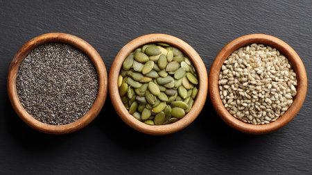 Three wooden bowls showcase chia seeds, pumpkin seeds, and sesame seeds on a dark slate surface, emphasizing nutritious ingredients for healthy meal preparation and lifestyle choices.の素材