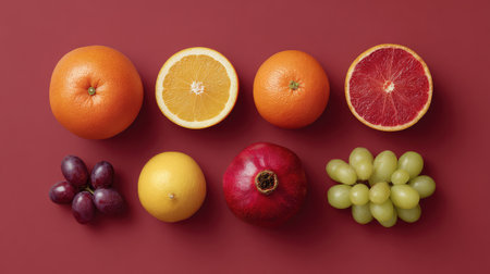 A visually stunning display of assorted fresh fruits featuring citrus varieties and pomegranates, perfect for health or food-related projects, enhancing fresh aesthetics.の素材
