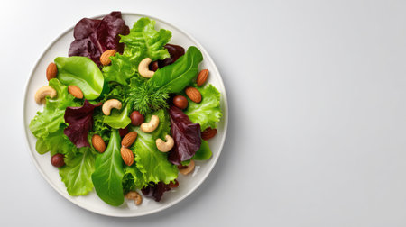 A vibrant salad featuring a mix of fresh greens, almonds, and cashews, served on a white plate, ideal for health-conscious meals and nutritious recipes.の素材