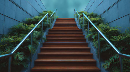 Discover a peaceful urban staircase that elegantly combines modern architecture with lush greenery, creating an inviting and tranquil atmosphere perfect for design projects.の素材