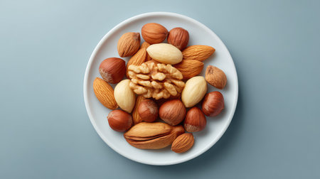A visually appealing presentation of assorted nuts on a white plate, featuring almonds, walnuts, and hazelnuts, perfect for healthy snacking and culinary inspiration.の素材