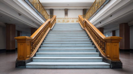 A beautifully designed wooden staircase invites visitors to explore upper levels, featuring elegant railings and polished steps, perfect for architectural and interior design projects.の素材