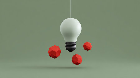 A striking image featuring a modern lightbulb accompanied by three red geometric shapes against a green background, symbolizing creativity and innovation in design.の素材