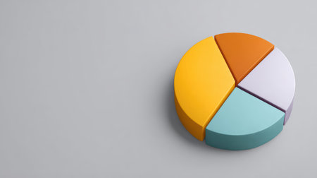 This modern 3D pie chart illustration features colorful segments designed for effective data visualization, ideal for presentations in business or educational contexts.の素材