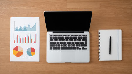 A modern workspace featuring a laptop, notepad, and pen alongside financial charts on a wooden desk. Perfect for themes of business analysis, productivity, and planning.の素材