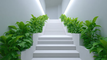 A stunning modern staircase surrounded by lush green plants, creating a bright and serene atmosphere that enhances contemporary interior design aesthetics.の素材