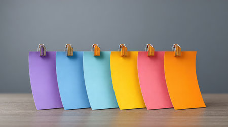 A set of vibrant sticky notes in various colors, neatly clipped on a wooden surface. Ideal for enhancing organization, creativity, and productivity in any workspace or study area.の素材