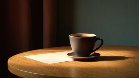A serene scene featuring a coffee cup on a wooden table with soft sunlight casting gentle shadows, creating a peaceful atmosphere perfect for reflection or relaxation.の素材