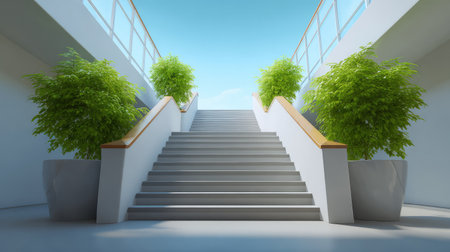 A stunning interior view featuring a bright staircase surrounded by lush greenery, showcasing modern design elements and abundant natural light for a refreshing atmosphere.の素材