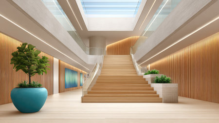 A stunning modern interior showcasing a grand wooden staircase, lush plants, and ample natural light, creating an inviting and stylish atmosphere perfect for contemporary spaces.の素材
