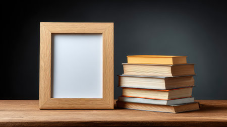 A beautiful wooden photo frame sits next to a stack of books on a wooden surface, creating a serene atmosphere perfect for home decor and personal storytelling.の素材