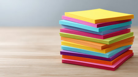 A vibrant stack of sticky notes in various colors sits on a wooden desk, offering a visually appealing solution for organization and creative expression in modern workspaces.の素材