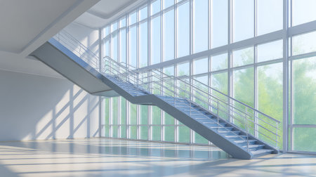 A sleek modern staircase set in an airy space with expansive windows that invite natural light, creating a serene and inviting atmosphere perfect for various design concepts.の素材