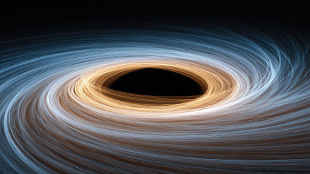 Captivating depiction of a black hole in deep space, showcasing the swirling light and gas that encircle this cosmic phenomenon, revealing the mysteries of the universe.の素材