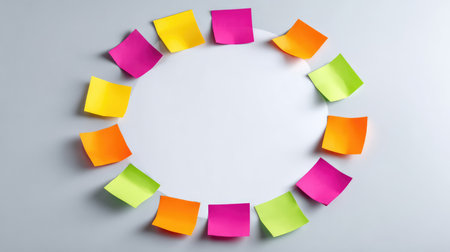 Brightly colored sticky notes create a striking circular design around a blank area, perfect for visual brainstorming, planning sessions, or enhancing creative workplace discussions.の素材
