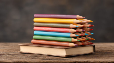 A delightful arrangement of colorful pencils sits atop a leather-bound notebook, creating a visually appealing scene perfect for themes of creativity and education.の素材