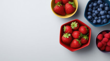 A beautiful arrangement of fresh berries in colorful bowls showcases strawberries, blueberries, and raspberries on a light background, perfect for promoting healthy eating.の素材