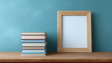A charming home office scene featuring a stack of colorful books beside an empty wooden frame on a table, ideal for design projects and creative inspirations set against a blue wall.の素材