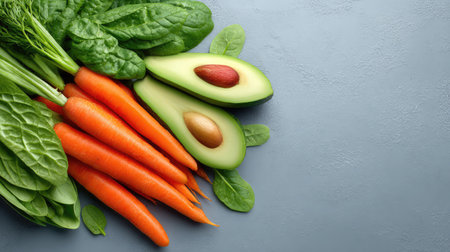A beautiful arrangement of fresh organic vegetables, including vibrant carrots and creamy avocados, showcasing healthy eating and culinary creativity. Ideal for food photography and recipes.の素材