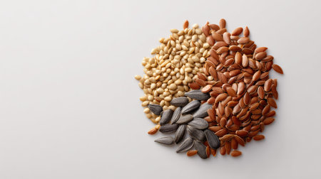 A vibrant mix of assorted seeds including sunflower, flax, sesame, and pumpkin, perfect for enhancing dishes, snacking, and promoting a healthy lifestyle.の素材