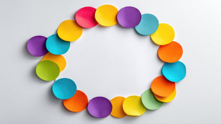 A vibrant arrangement of colorful paper circles creates a playful and cheerful aesthetic, perfect for creative projects, design backgrounds, or decorative elements.の素材