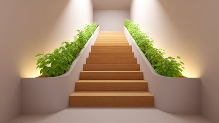 A minimalistic staircase showcases its wooden steps accompanied by vibrant greenery, providing a serene and inviting atmosphere enhanced by soft indoor lighting.の素材