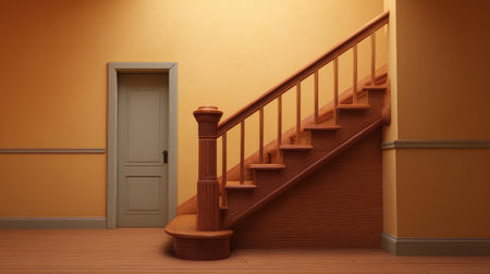 A captivating view of a wooden staircase leading to a door in an orange room, exemplifying elegant interior design that enhances home warmth and aesthetic appeal.の素材
