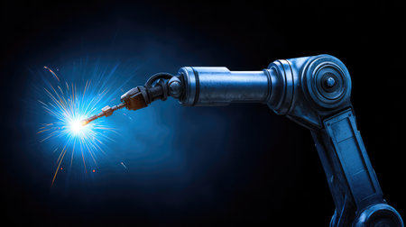 A high-tech industrial robot arm is shown performing precision welding, creating bright sparks against a dark background, symbolizing modern automation in manufacturing settings.の素材