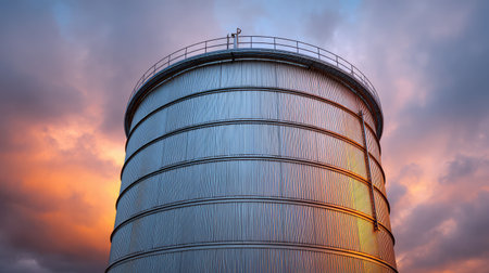 A striking metallic storage tank stands tall against a dramatic sunset, showcasing vivid clouds and rich colors that enhance its industrial architecture in a captivating outdoor scene.の素材