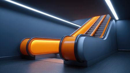 A captivating image of a modern escalator featuring vibrant orange accents, designed for a contemporary urban setting, showcasing sleek lines and innovative lighting.の素材