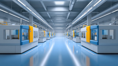 Spacious manufacturing facility featuring advanced automated machinery in a clean and organized workspace, designed for efficient production and innovative technology solutions.の素材