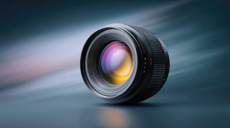 A captivating image of a high-quality camera lens in motion with colorful reflections, showcasing its sleek design and artistic appeal for photography lovers and professionals.の素材