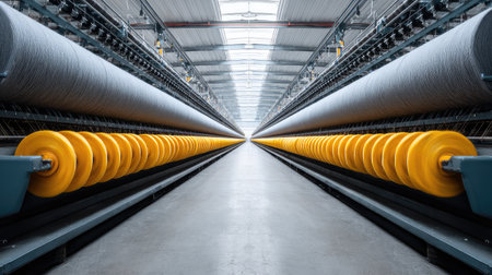 A striking view of a textile production facility emphasizes the scale and organization of spools of fiber, illustrating modern manufacturing technology in a clean, efficient space.の素材