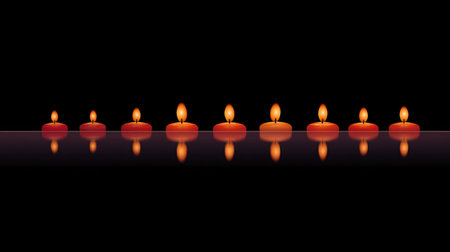 A stunning arrangement of red candles, each flickering with a warm flame, creates a tranquil ambiance ideal for meditation or serene home decor on a dark background.の素材