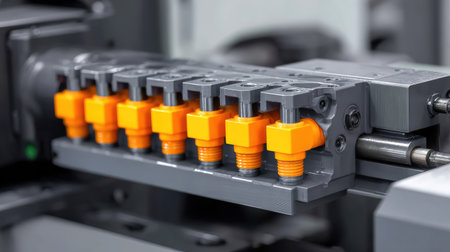 This image captures a high-tech machine component featuring orange hydraulic connectors, emphasizing the advanced technology used in today's modern manufacturing and industrial settings.の素材
