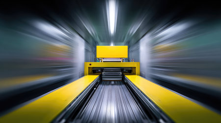 A dynamic abstract representation of an industrial conveyor system in motion, showcasing yellow accents in a modern manufacturing facility environment.の素材
