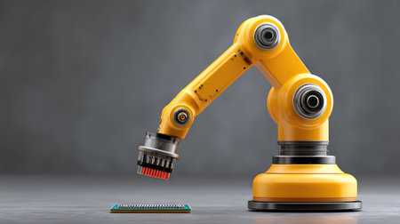 A yellow robotic arm precisely positions a microchip on a pristine surface, highlighting the intersection of technology and automation in modern manufacturing processes.の素材