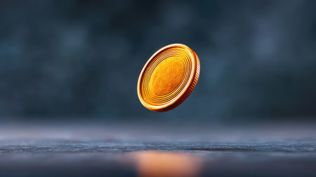 A striking image of a golden coin floating in mid-air, showcasing its unique shape and gleaming surface, perfect for projects related to finance, wealth, and success themes.の素材