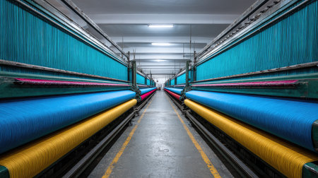 Explore the dynamic interior of a textile factory featuring colorful looms and vibrant threads, illustrating the artistry and technology in fabric production.の素材