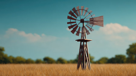 A charming countryside view featuring a vintage wooden windmill amidst expansive golden wheat fields, set against a bright blue sky dotted with fluffy clouds.の素材