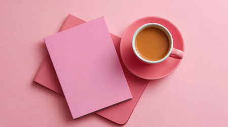 A minimalist scene featuring a pink cup of coffee next to soft pink notebooks, set against a pastel background, perfect for inspiring creativity and a sense of comfort in any setting.の素材