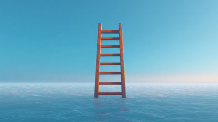 A beautiful wooden ladder stands tall in the serene ocean setting, embodying themes of aspiration and hope against a backdrop of clear blue skies and tranquil waters.の素材