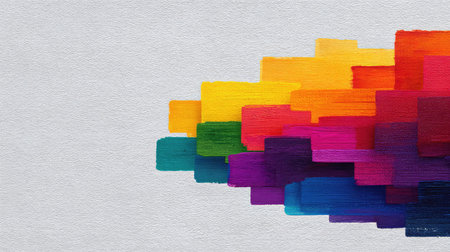 This abstract painting features colorful blocks that create a dynamic composition, blending warm and cool tones on a subtle gray background; ideal for creative spaces.の素材