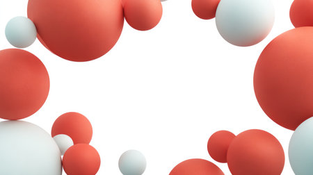 Colorful spheres in red and white create an abstract frame effect on a white background, perfect for modern design projects, advertising, or creative visuals.の素材