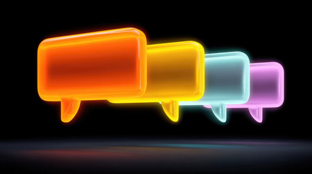 This vivid illustration features colorful speech bubbles with a neon glow effect against a black backdrop, representing communication and vibrant interaction in social media.の素材