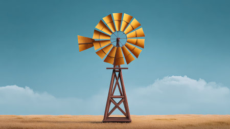 A vintage windmill stands proudly against a clear blue sky, surrounded by a golden field, representing the essence of rural life and sustainable energy in serene landscapes.の素材