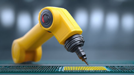 A robotic arm equipped with a precision tool is meticulously working on a circuit board, exemplifying cutting-edge automation technology used in electronics manufacturing processes.の素材